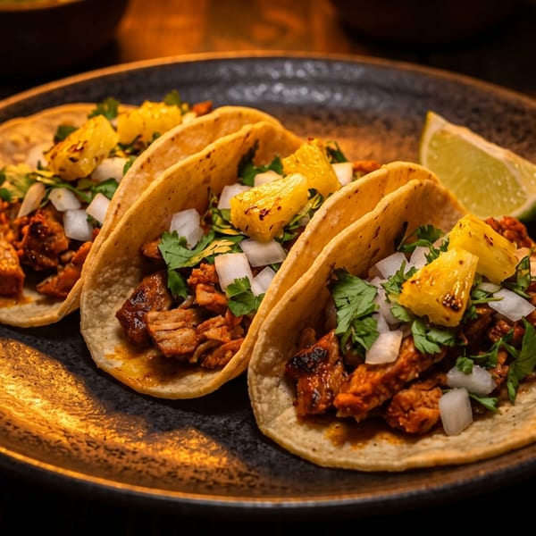 Three al pastor tacos with pineapple, onions, and cilantro, served with a lime wedge.