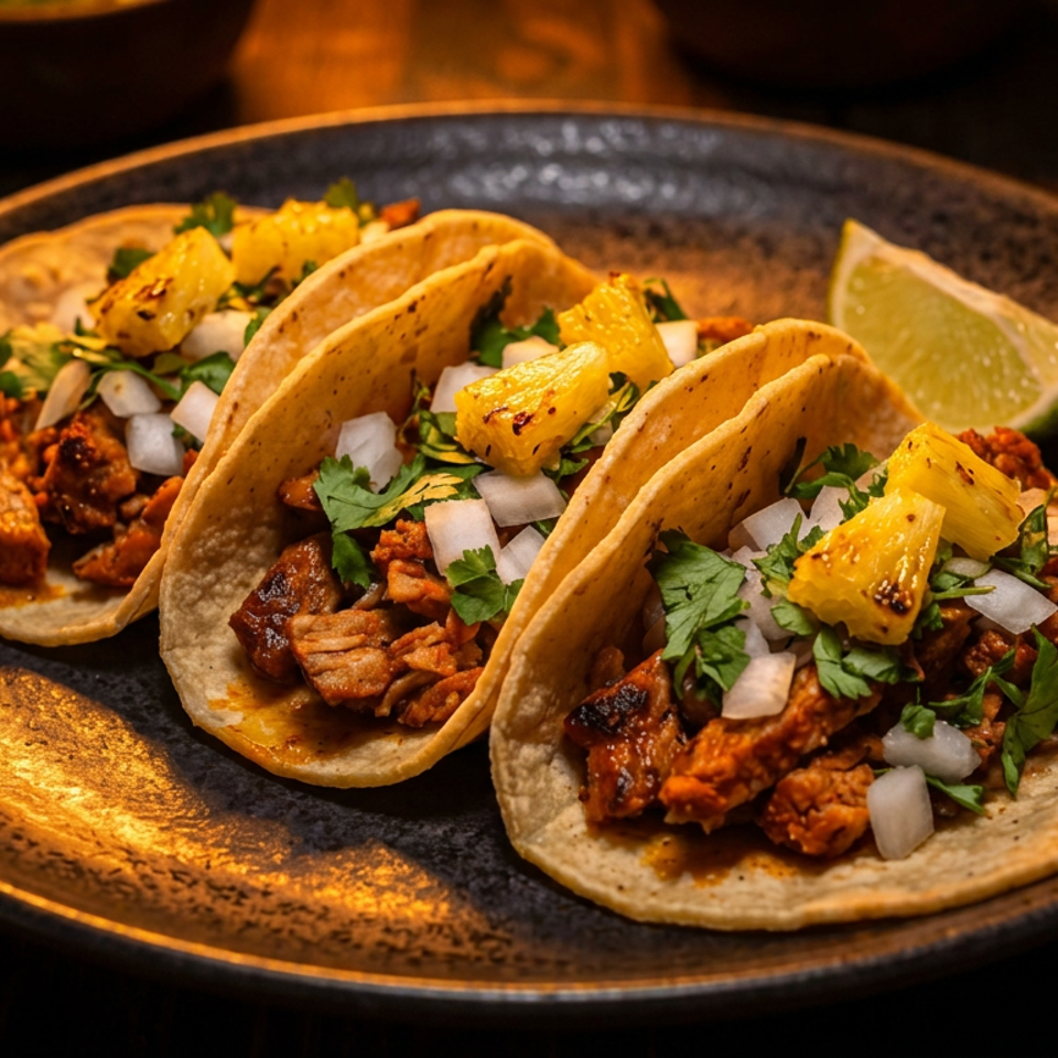 Three al pastor tacos with pineapple, onions, and cilantro, served with a lime wedge.