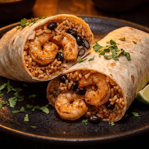 Two shrimp burritos, cut in half, filled with rice and black beans, garnished with cilantro and lime.