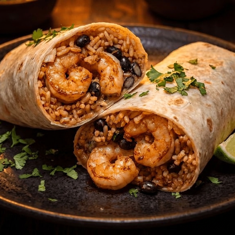 Two shrimp burritos, cut in half, filled with rice and black beans, garnished with cilantro and lime.