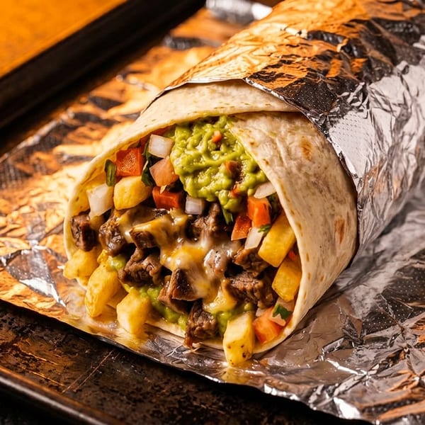 Large burrito with steak, fries, guacamole, and pico de gallo, partially wrapped in foil.