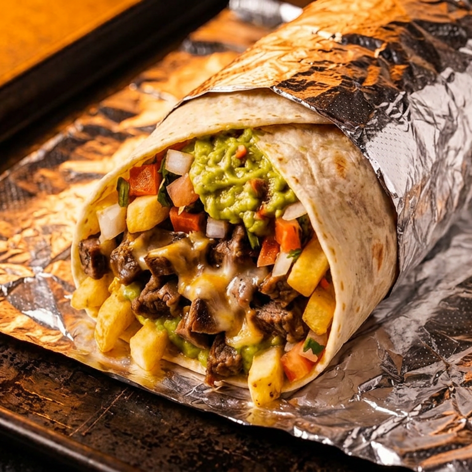 A large burrito, partially wrapped in foil, filled with steak, fries, cheese, and guacamole.