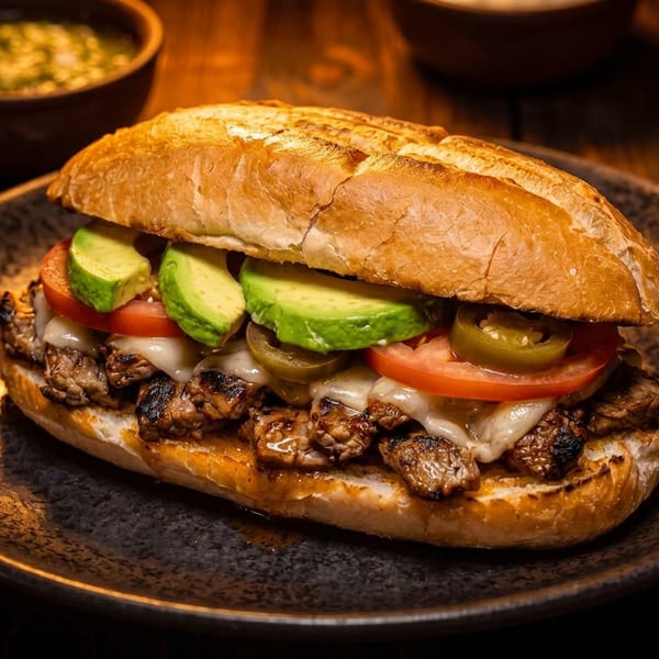 A steak sandwich with melted cheese, avocado, tomatoes, and jalapeños on a dark plate.