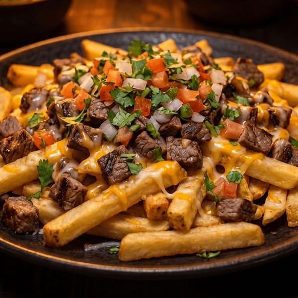A dark plate of loaded fries topped with steak, melted cheese, diced tomatoes, onions, and cilantro.