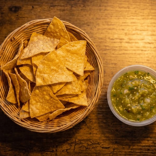 A wicker basket of tortilla chips and a plastic container of green salsa on a wooden table.