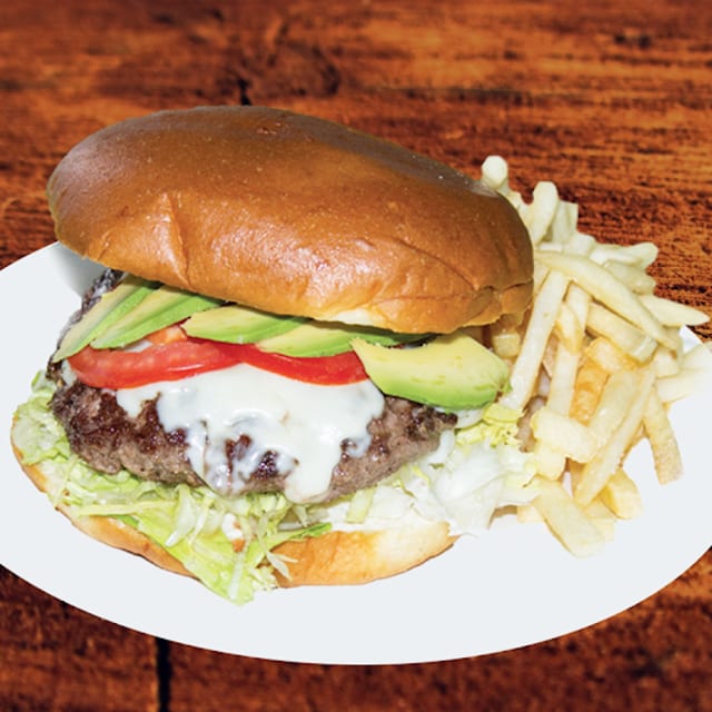 Avocado Cheeseburger with Fries.
